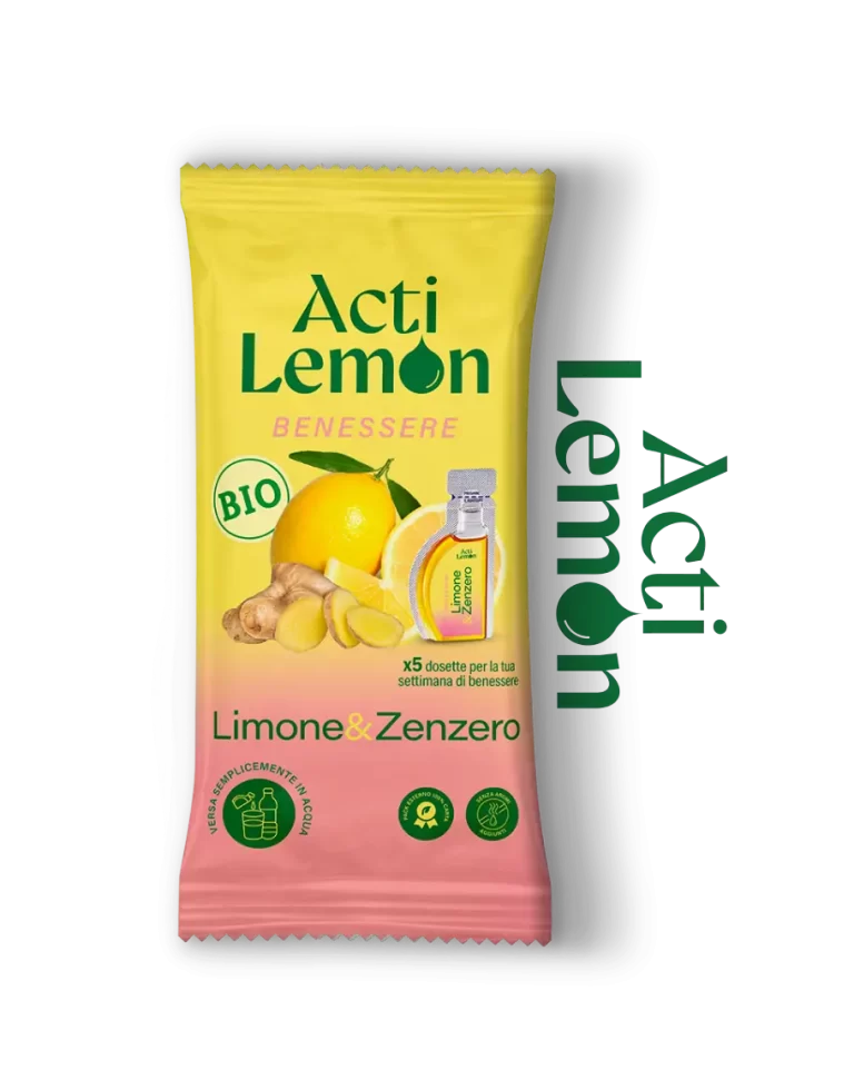 Una bustina di Acti Lemon Benessere di colore giallo e rosa con le immagini di un limone, dello zenzero e di una bottiglietta. Il testo recita “Bio” e “Limone & Zenzero”. Il logo Acti Lemon è riportato sulla destra.