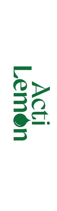 Scritta verticale verde 'Acti Lemon' con la lettera O rappresentata da una goccia, su sfondo nero