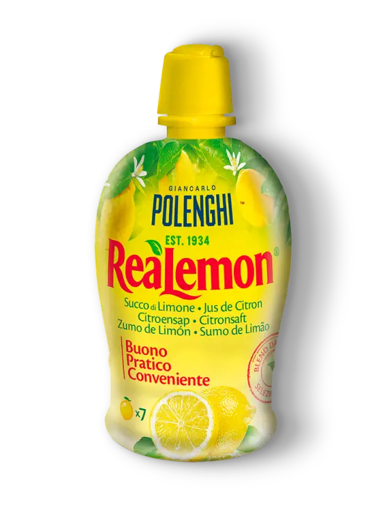 Una bottiglia gialla di succo di limone ReaLemon con un tappo giallo, sulla cui etichetta sono raffigurati dei limoni e diverse traduzioni del termine “succo di limone”.