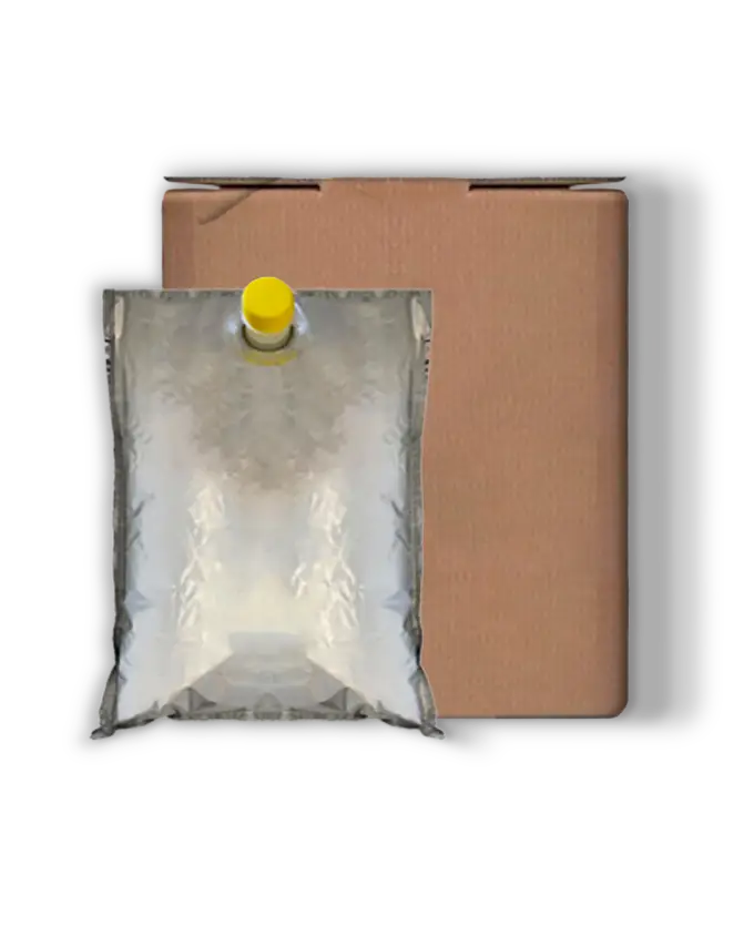 Sacca bag-in-box con tappo giallo per succo di limone, appoggiata davanti a una scatola di cartone marrone come packaging per uso professionale