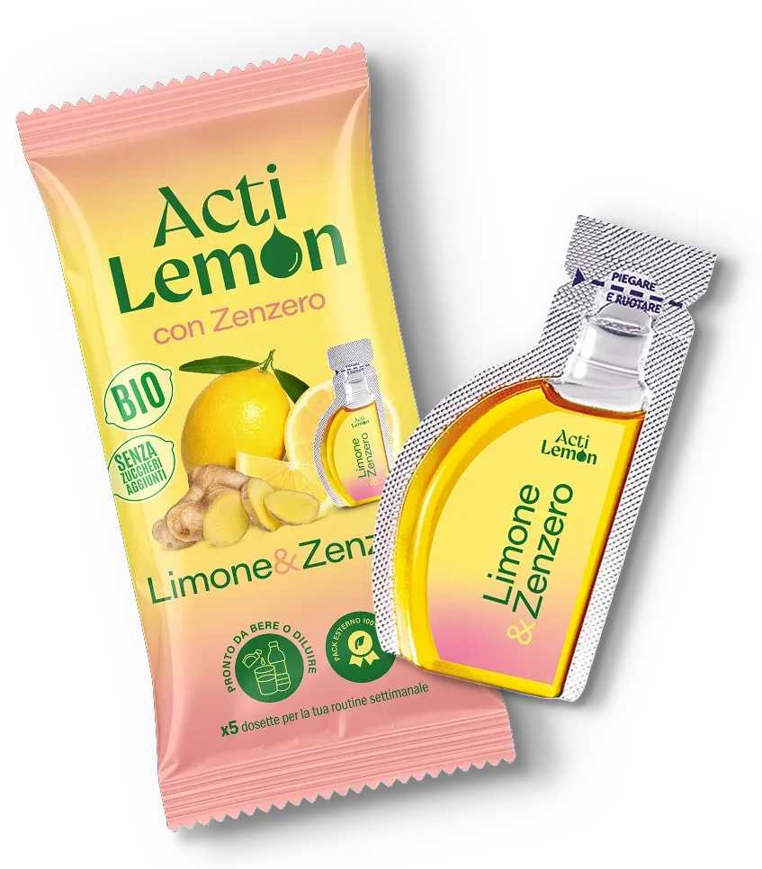 Una confezione e una singola dose dell'integratore Acti Lemon Limone & Zenzero, con immagini di un limone, dello zenzero e di una bottiglietta trasparente. La confezione è gialla con scritte in verde e rosa.