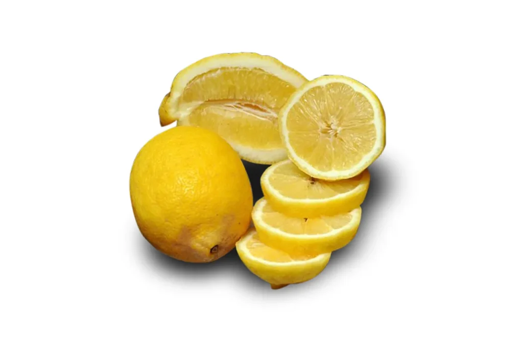 A whole lemon next to several thin, overlapping slices, highlighting a pale yellow pulp and smooth skin.