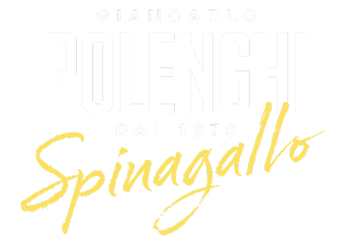 White background with the text: GIANCARLO POLENGHI DAL 1976 Spinagallo in white and yellow cursive and block fonts.