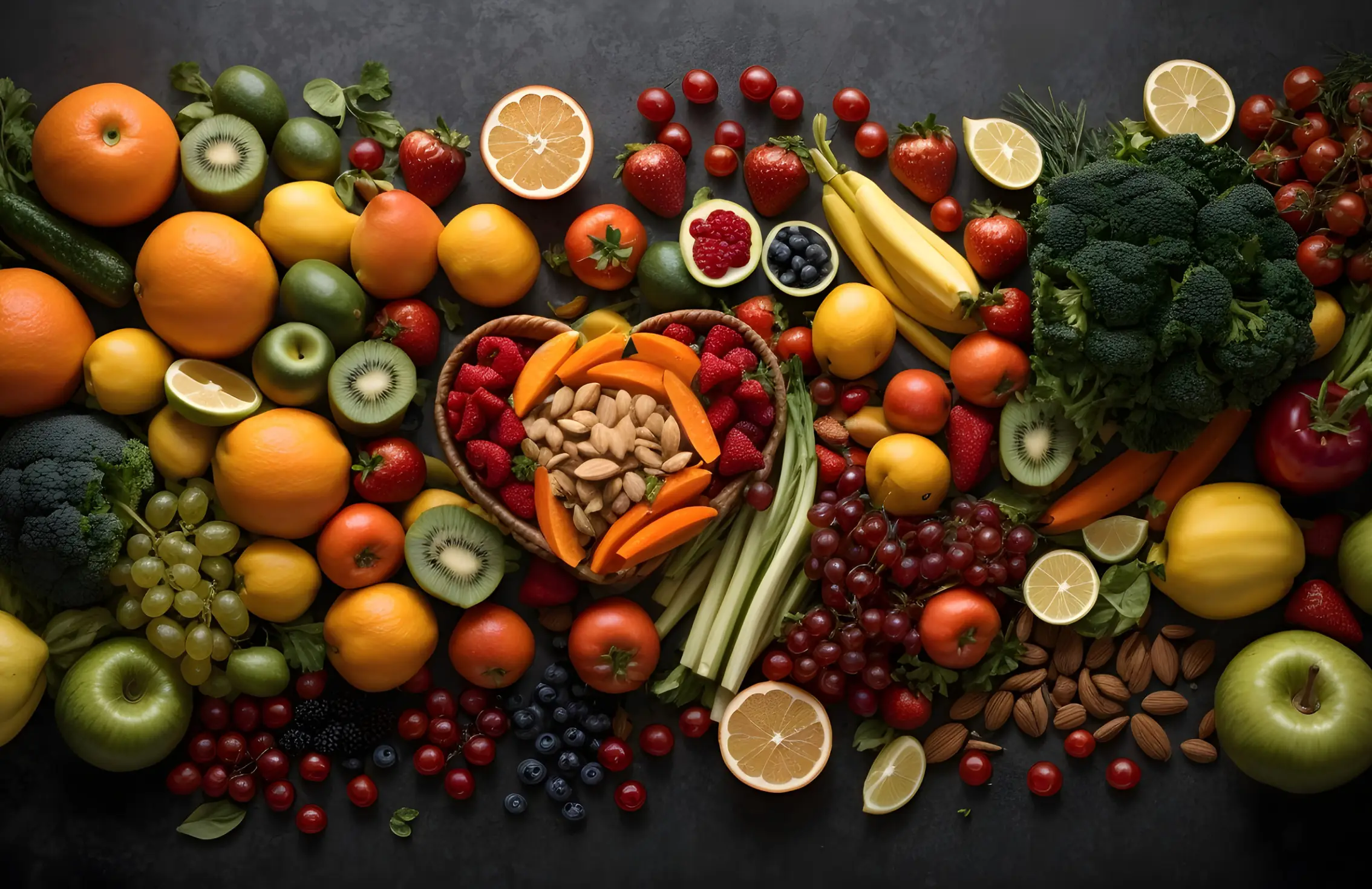 Un variegato assortimento di frutta fresca, verdura e frutta secca disposto su una superficie scura, con al centro una ciotola a forma di cuore contenente mandorle, fragole e albicocche.