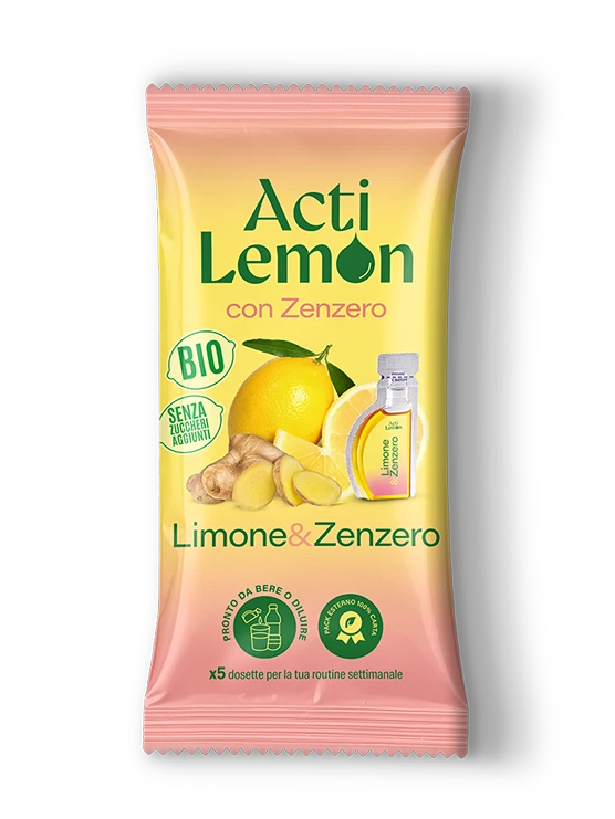Acti Lemon con Zenzero: bustina di miscela biologica per bevanda al limone e zenzero.