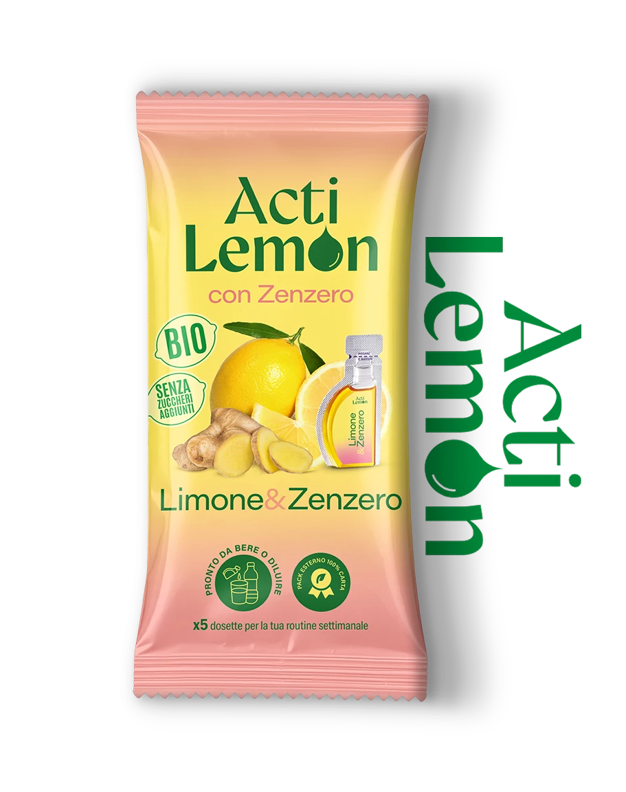 Confezione dell'integratore alimentare Acti Lemon con Zenzero (limone e zenzero biologici) con una bustina e un'etichetta che indica la fornitura settimanale di 5 dosi.