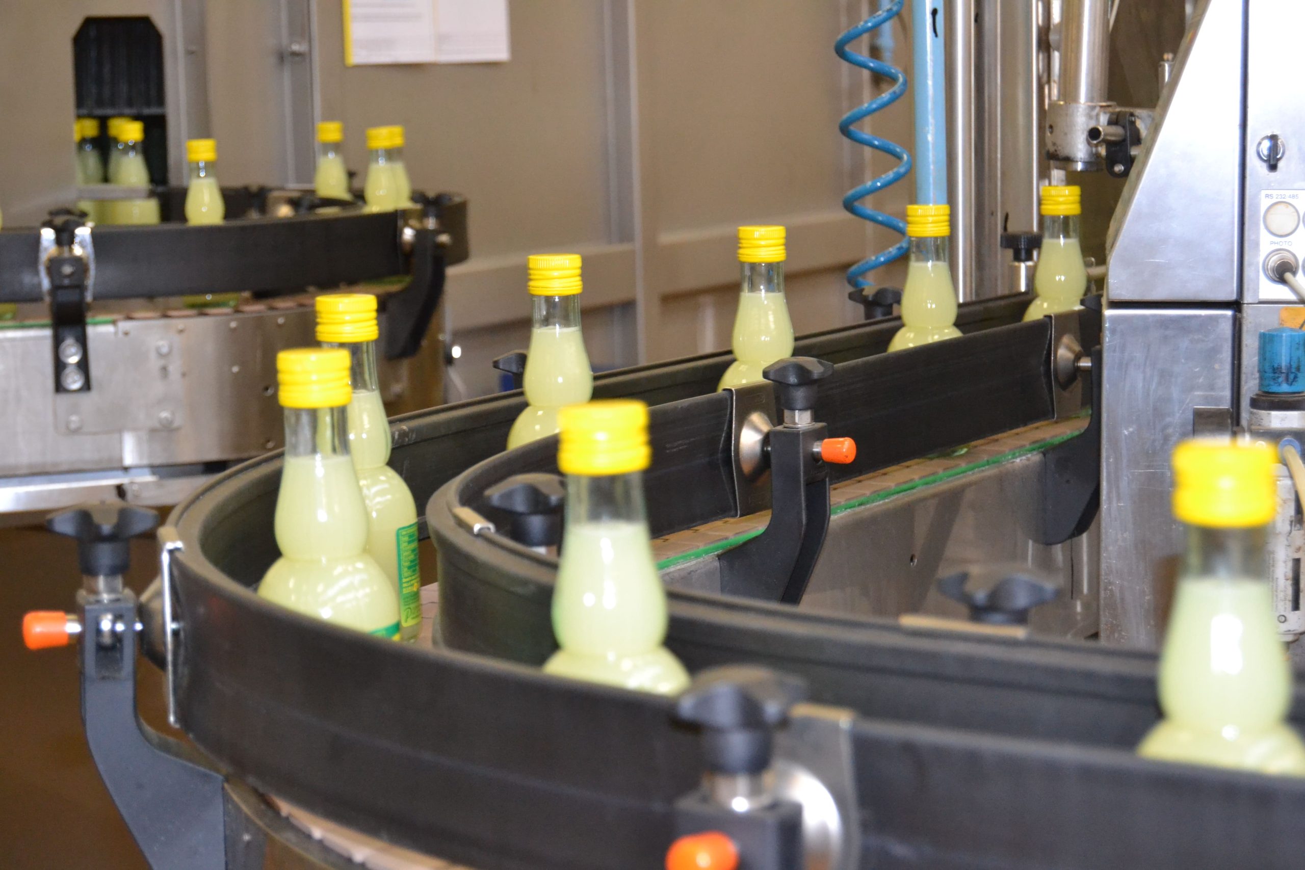 Glass bottles filled with a yellow liquid moving along a conveyor belt in a factory.